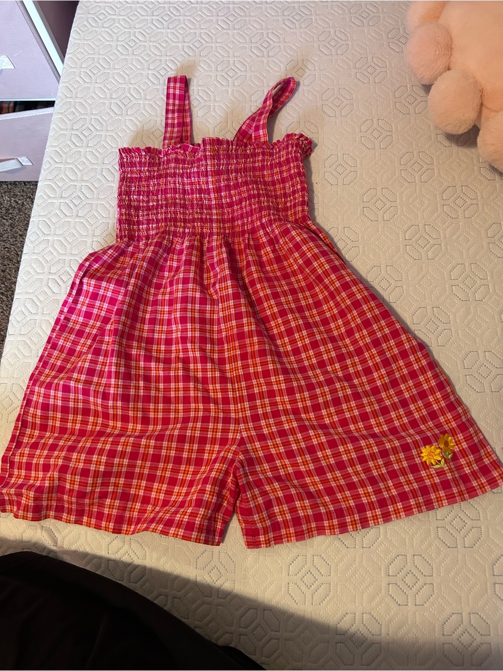 1998 Rainbow Tag Gymboree Pink Plaid Smocked Romper with Yellow Flower Detail